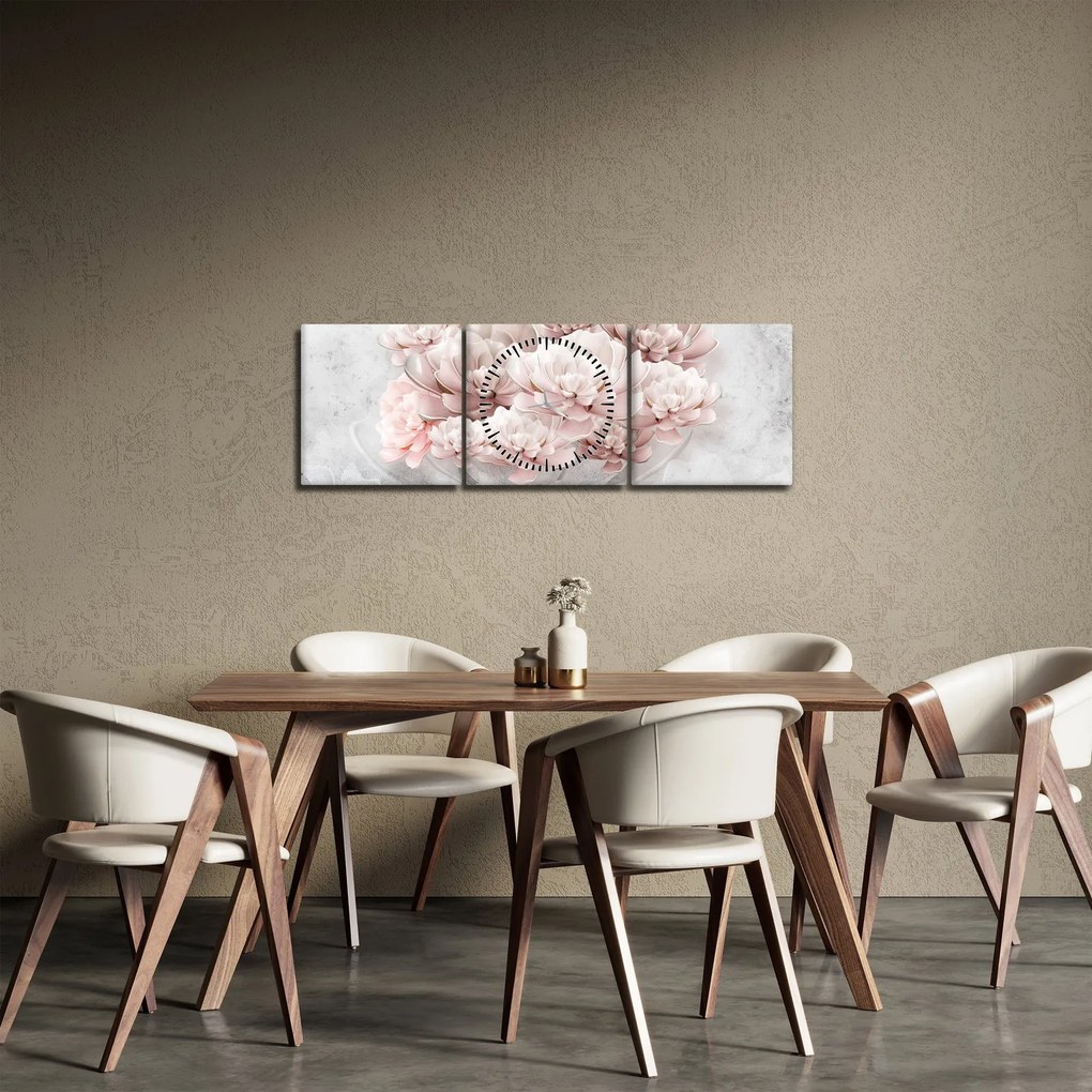 Obraz - Ružové kvety na stene (s hodinami) (90x30 cm)