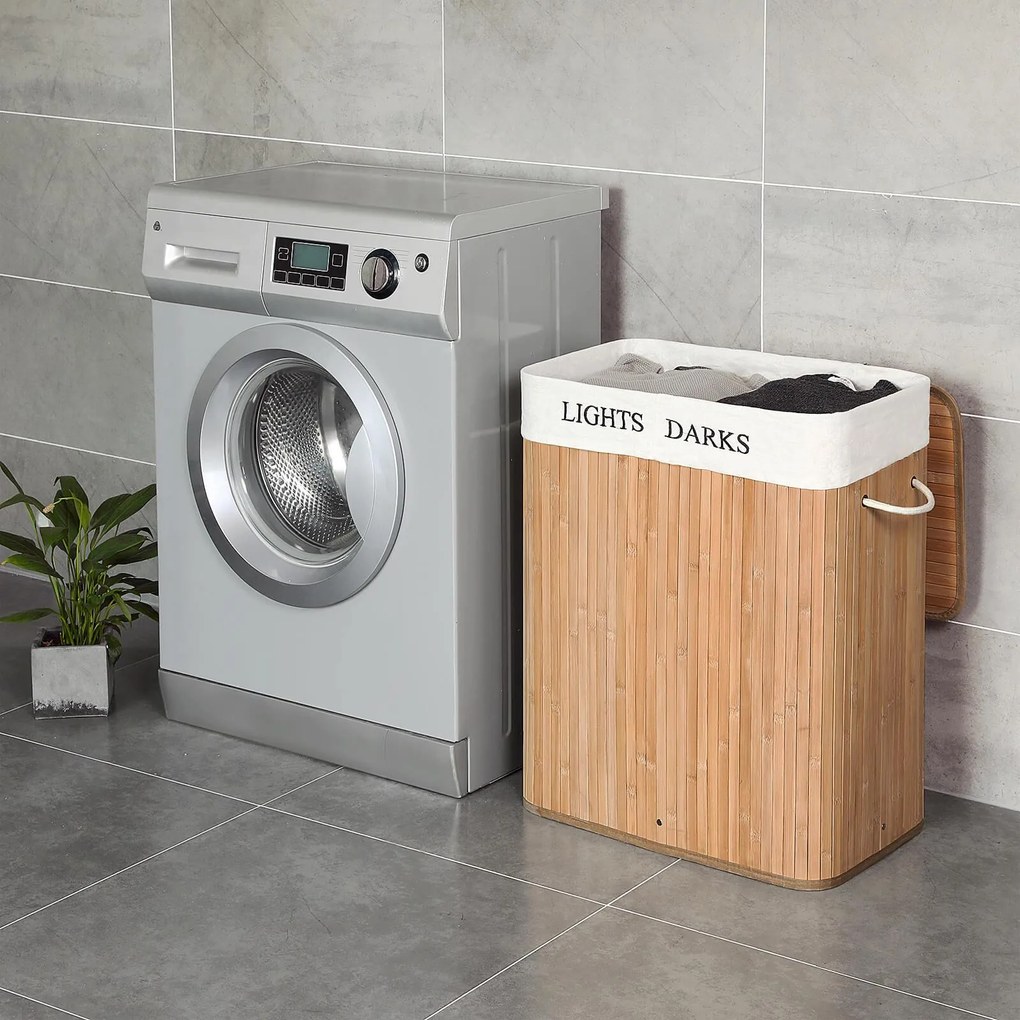 XXL Bambusový kôš na prádlo s 2 priehradkami 100 L, prírodná farba