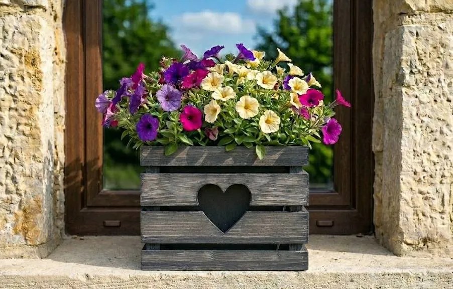 AMADEA Drevený obal so srdiečkom s kvetináčom tmavý, 27x27x20 cm Český výrobok