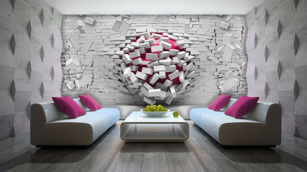 Fototapeta - 3D loptu a biela tehlová stena (152,5x104 cm)