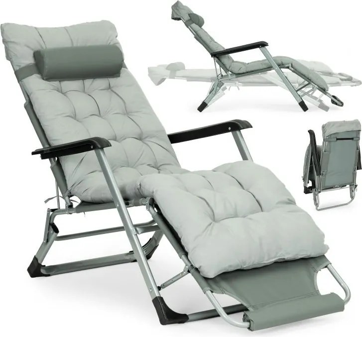 Záhradné plážové ležadlo 2 v 1 s vankúšom, opierkou hlavy, nastaviteľnou opierkou nôh, sivé