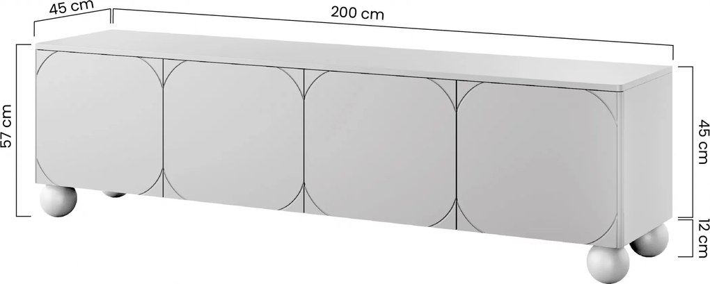 RTV skrinka Sonatia II 200 cm štvordverová na guľatých nohách - kasmír