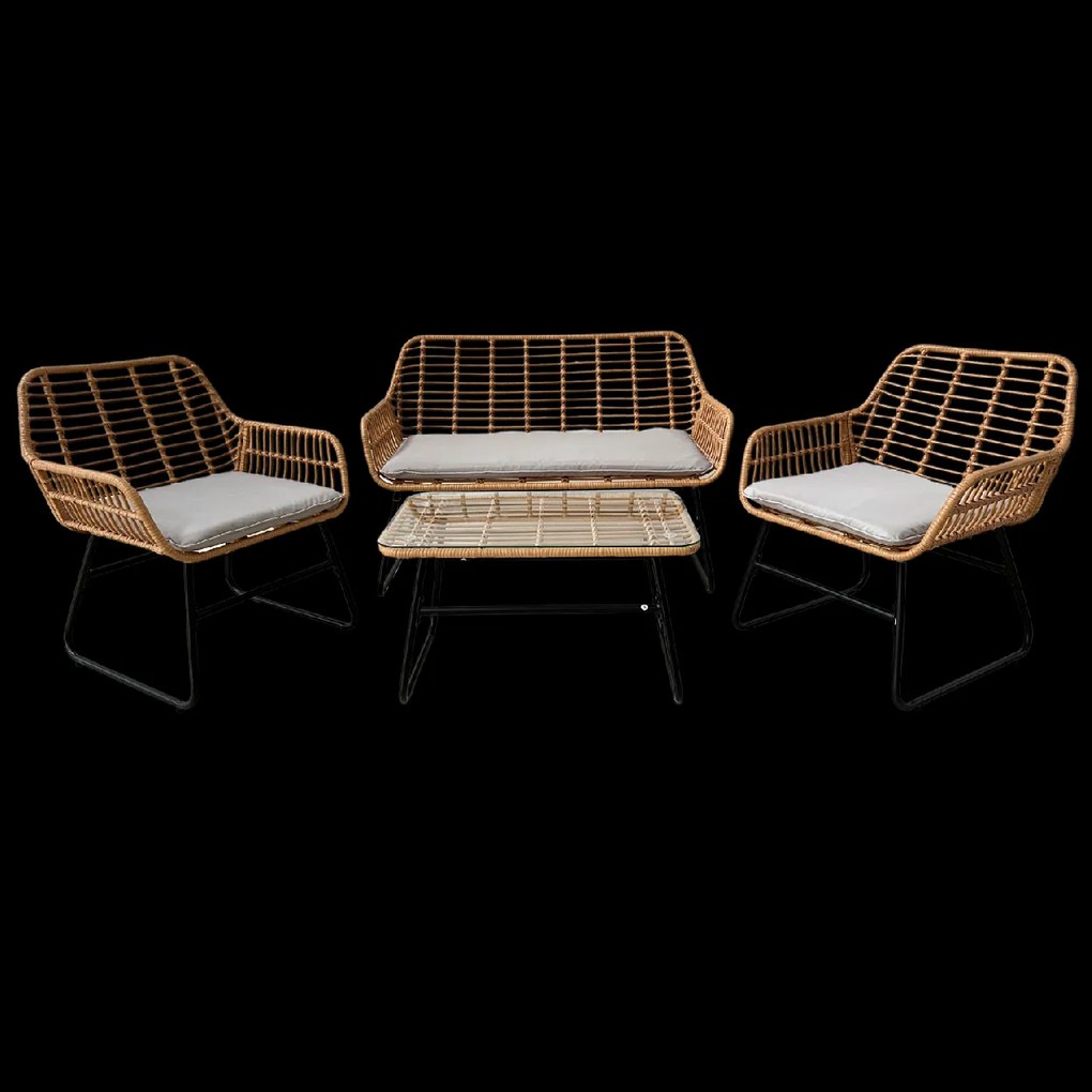 Garden Line ZÁHRADNÝ NÁBYTOK (SOFA, 2 STOLIČKY, STÔL) – HNEDÝ, VANKÚŠE – ŠEDÉ *3422