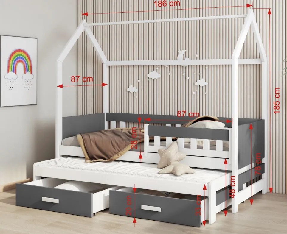 Detská domčeková posteľ z masívu borovice JASPER so šuplíkmi a prístelkou - 180x80 cm - biela/antracit