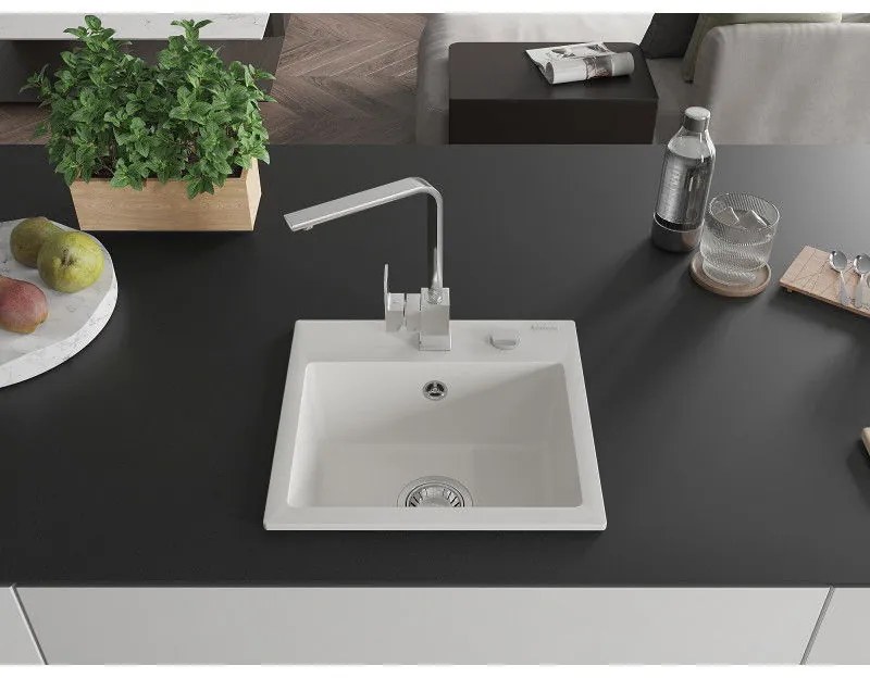 Mexen Milo, 1-komorový granitový drez 435x410x171 mm a chrómová batéria Rita, biela, 6505-20-670300-00