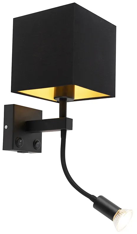 Moderná nástenná lampa čierna s USB a štvorcovým čiernym tienidlom - Zeno