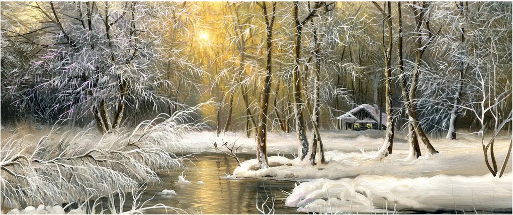 Obraz - Chalúpka v lese, olejomaľba (120x50 cm)