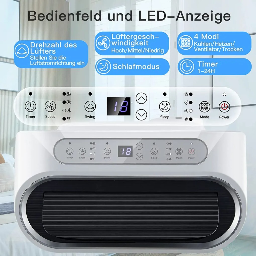 5 v 1 klimatizácia 14000 BTU vykurovanie a chladenie a ventilátor a odvlhčovanie Prenosná klimatizácia pre 40 ㎡ 44,5 x 39 x 77 cm biela