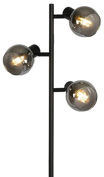 Art Deco stojaca lampa čierna 3-svetlo s dymovým sklom - Vidro