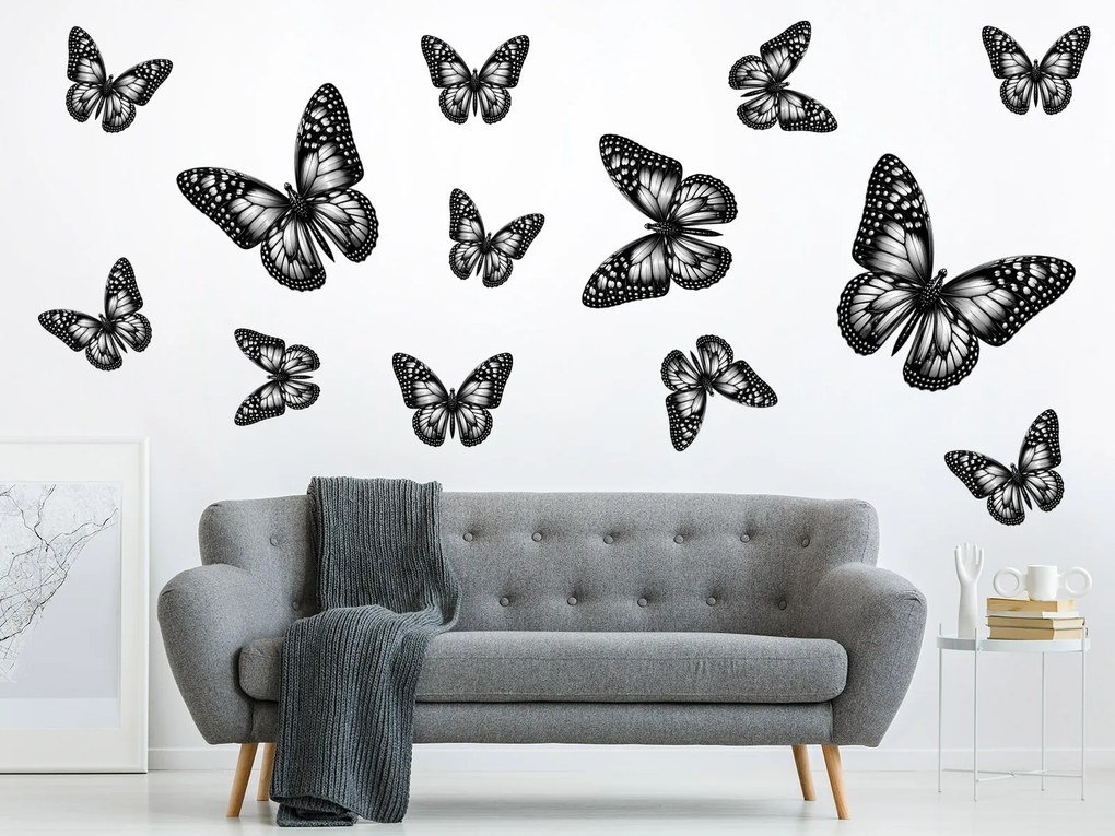 Motýle čierne 13 ks textilní prelepiteľné nálepky na stenu list 30 x 30 cm