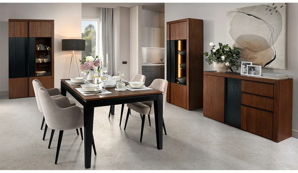 Vitrína Paris II 15 106 cm z masivu s LED osvětlením dub antický/černá