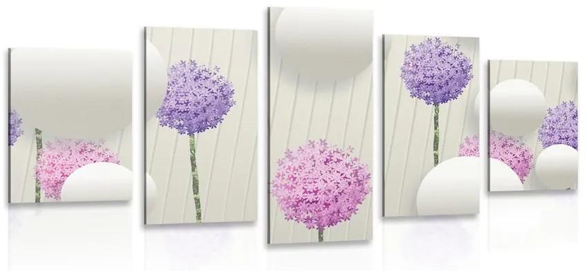 5-dielny obraz zaujímavé kvety s abstraktnými prvkami a vzormi - 200x100
