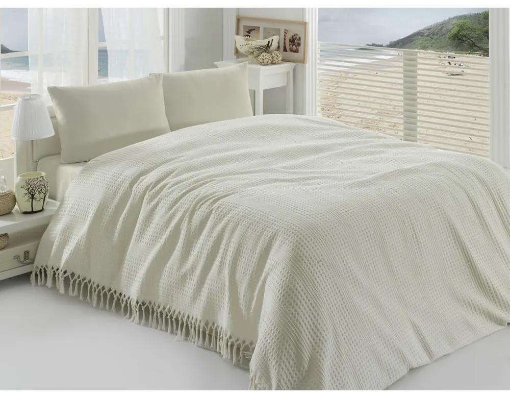 Krémovobiely ľahký bavlnený pléd cez posteľ na dvojlôžko Pique, 220 × 240 cm