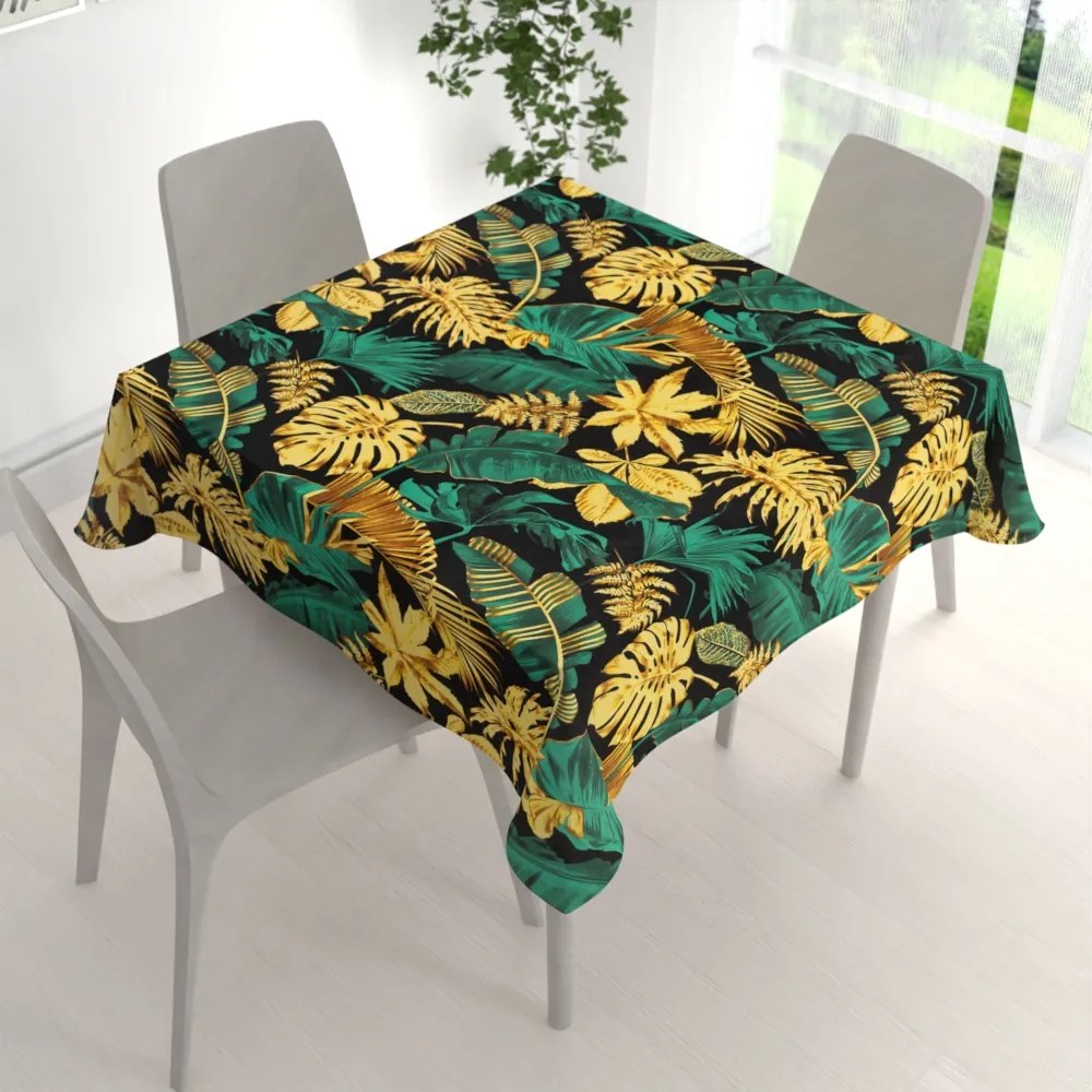Biante Bavlnený štvorcový obrus Sandra SA-603 Zeleno-zlaté tropické listy na čiernom 110x110 cm