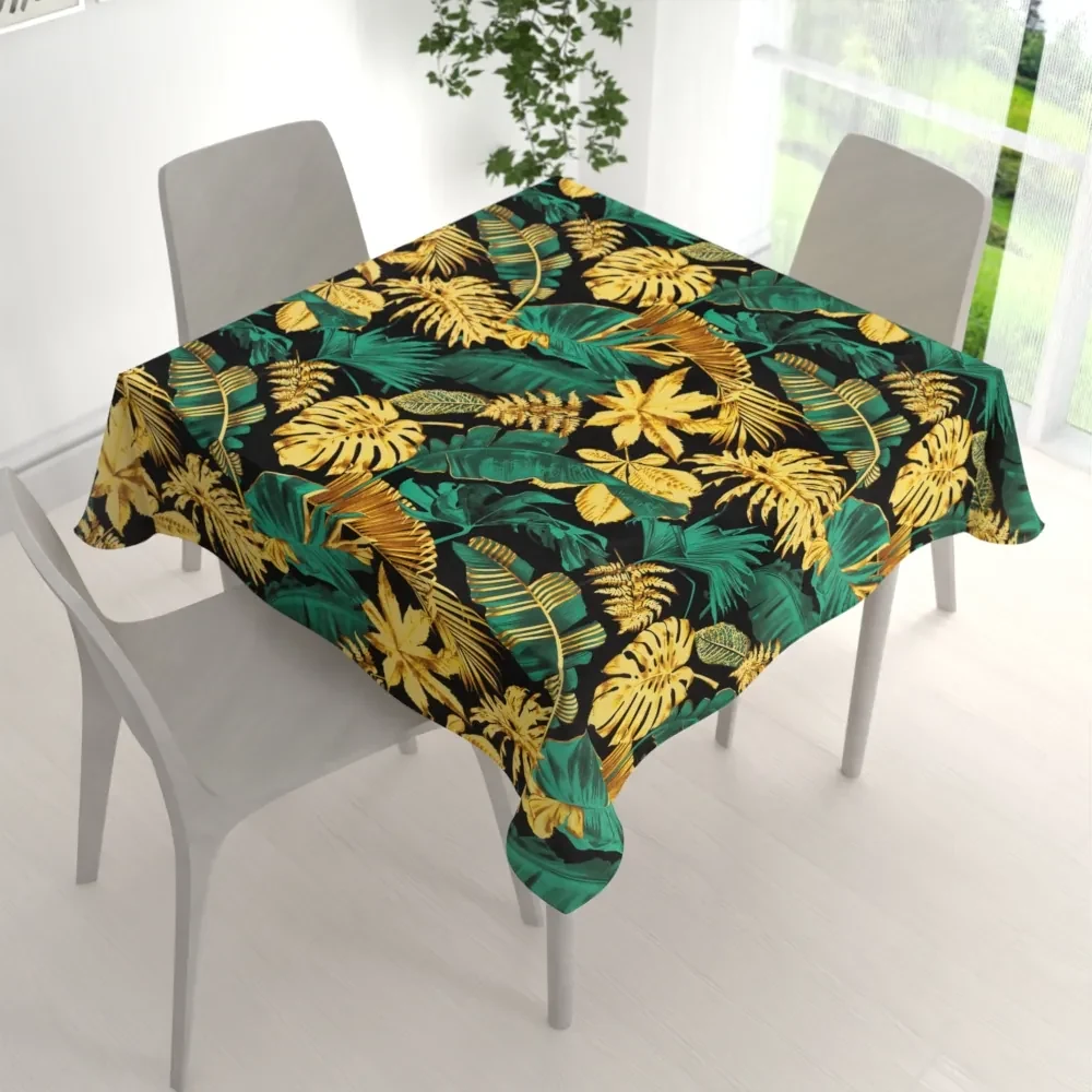 Biante Bavlnený štvorcový obrus Sandra SA-603 Zeleno-zlaté tropické listy na čiernom 140x140 cm