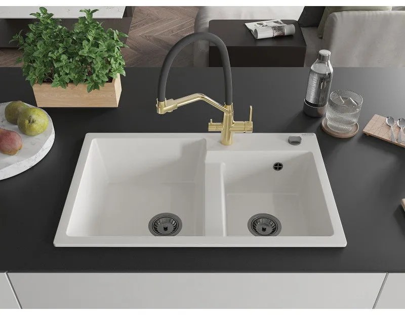 Mexen Tomas, 2-komorový granitový drez 800x500x190 mm a kuchynská batéria Duo, biela, 6516-20-671701-57-B
