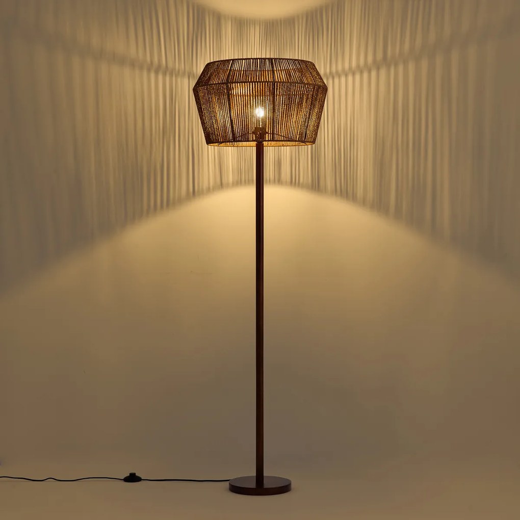Stojacia lampa z orechového dreva s hnedým tienidlom z papierového lana 50/50/30 - Mels