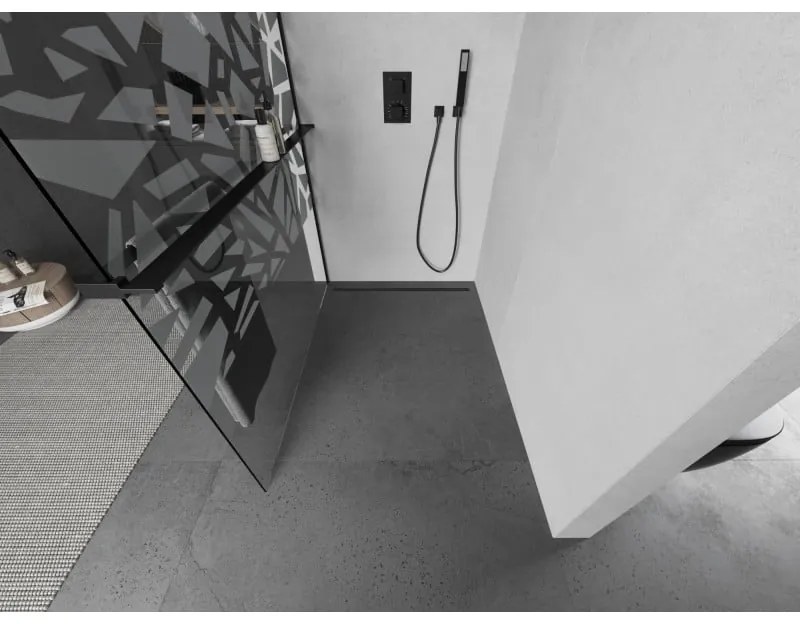 Mexen Kioto+ L, sprchová zástena Walk-In s poličkou a vešiakom 110 x 200 cm, 8mm číre sklo biely vzor, čierny profil, 800-110-123-70-85
