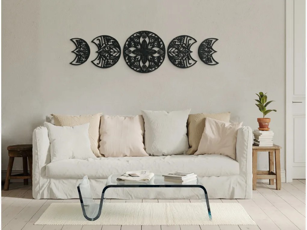 drevko 5-dielna mandala na stenu Rozmer obrazu: 18,5 x 65 cm, Farba dekorácie: Čierna