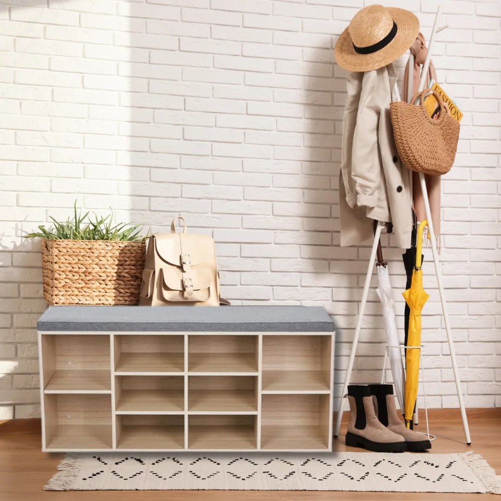 Botník s čalúnenou lavicou GABI, 10 priehradiek, 104x30x48cm, šedá/bledá hnedá Jurhan