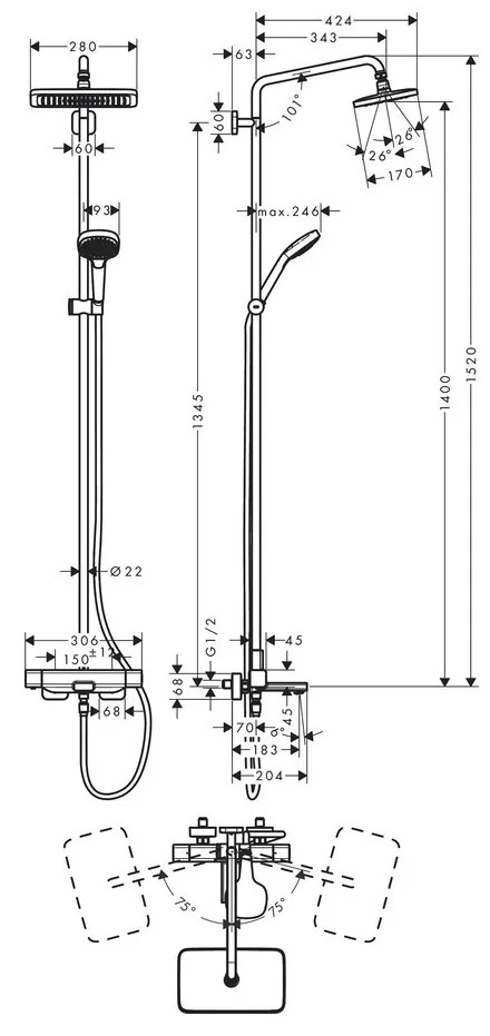 Hansgrohe Croma E, Showerpipe 280 1jet s vaňovým termostatom, chrómová, HAN-27687000