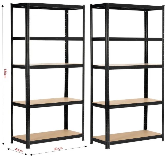 Set 2 kovových regálov 90x40x180 cm čierny