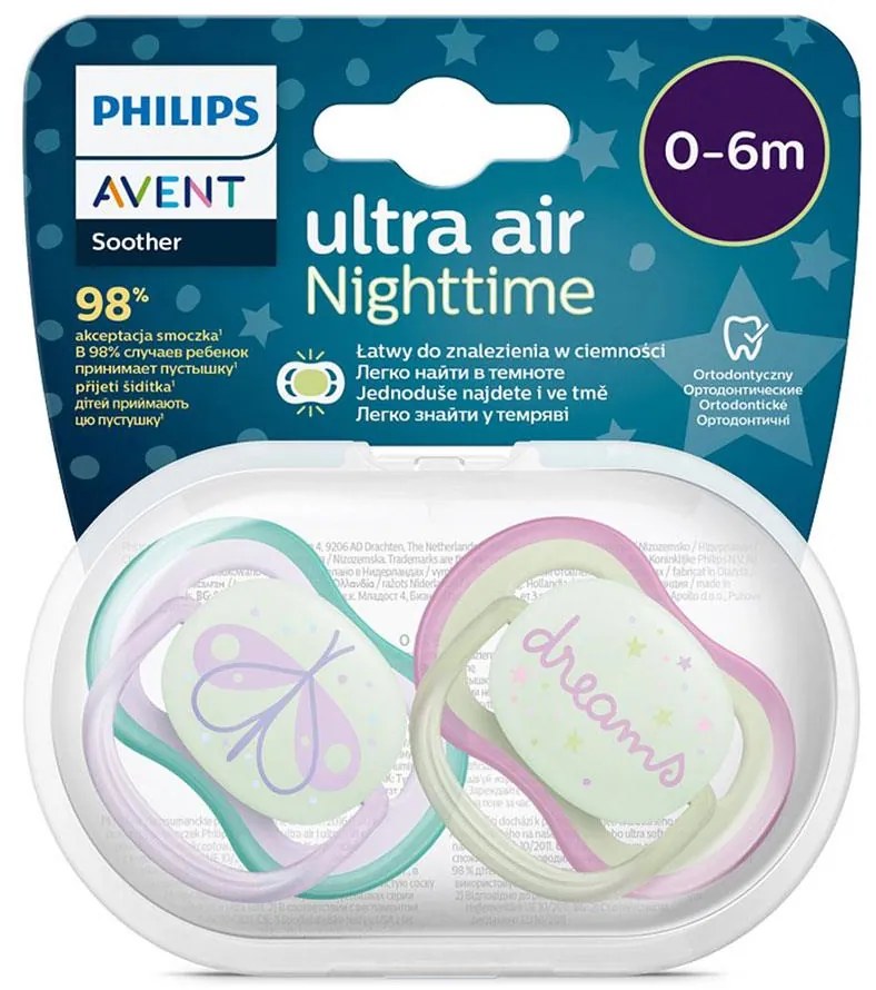 Dojčenský cumlík Ultra air Night Avent 0-6 mesiacov - 2 ks dievča, vel. 0-6 m