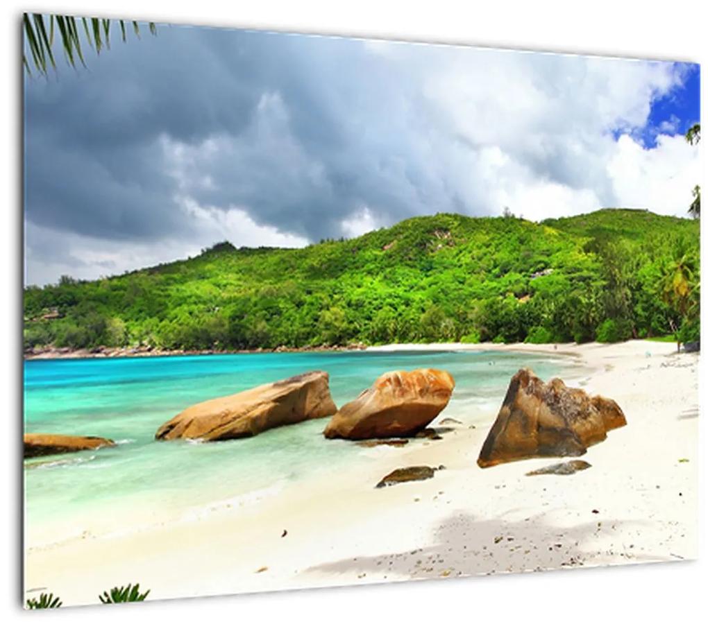 Sklenený obraz - Seychely, pláž Takamaka (70x50 cm)