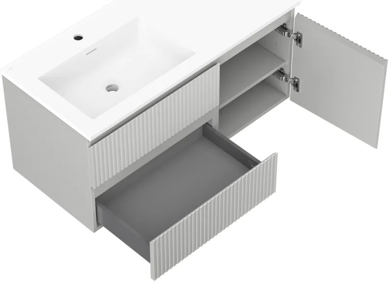 Mexen Rivel, kúpeľňová skrinka 100 cm s ľavým umývadlom Otis, 2S, 1D, drážkovaná, sivá matná/biela matná - 91A23-10047-3-BBFFF62-W18L01