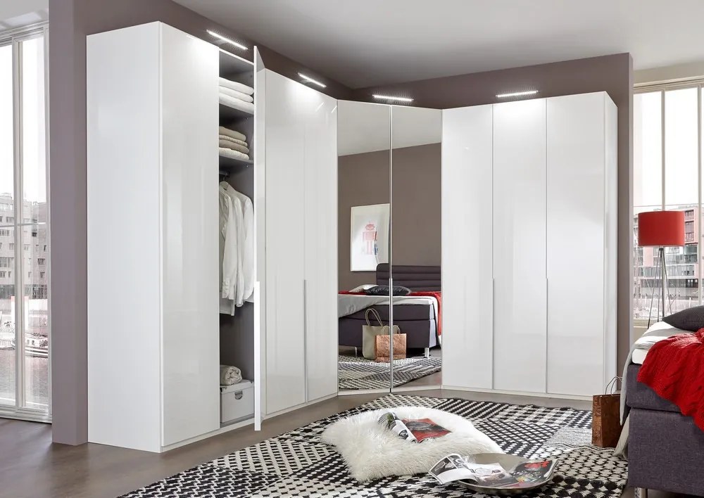 Rohová šatníková skriňa New York D, biela / zrkadlo / osvetlenie