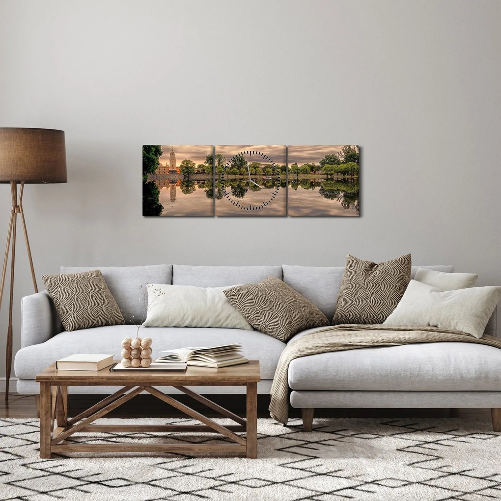 Obraz jazera a stromov (s hodinami) (90x30 cm)