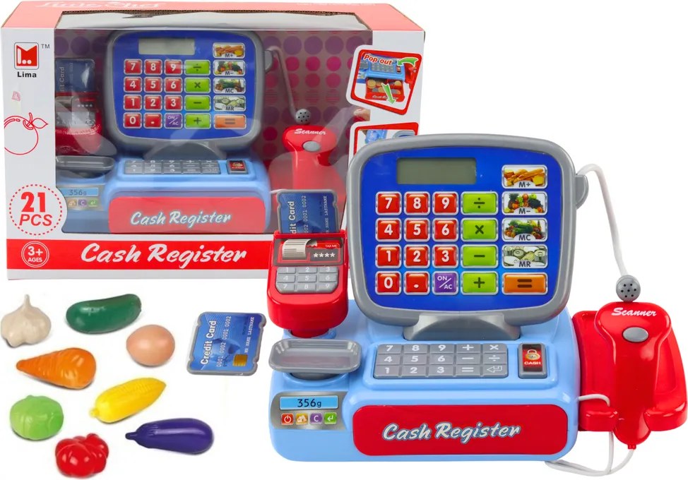 LEAN Toys Detská pokladnica so skenerom a kalkulačkou 21 kusov