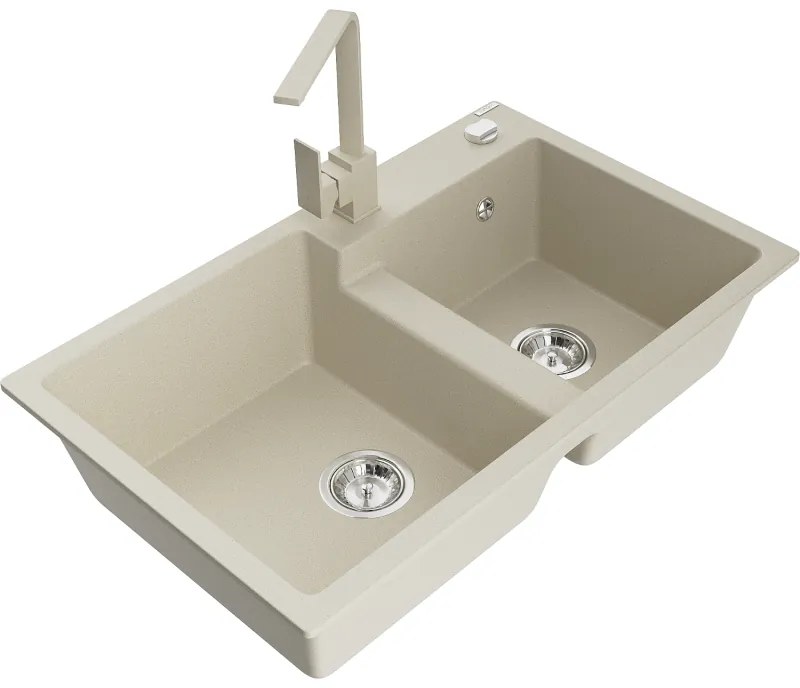 Mexen Tomas, granitový drez 800x500x190 mm, 2-komorový a béžová batéria Rita, béžová, 6516-69-670300-69