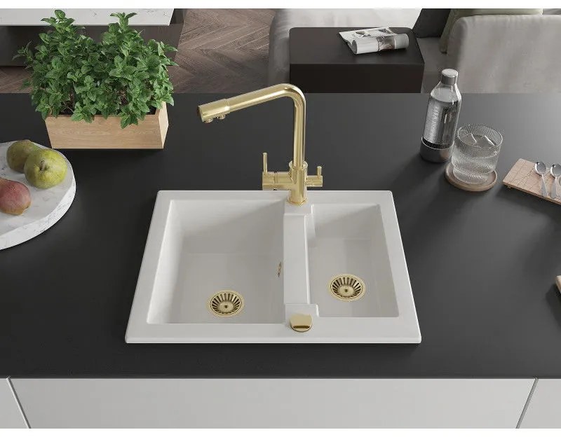 Mexen Carlos, 1,5-komorový granitový drez 582x475x177 mm a drezová batéria Duero, biela, 6518-20-671600-50