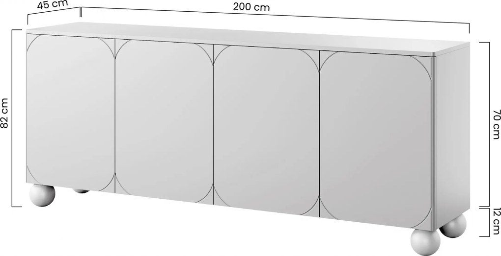 Komoda Sonatia II 200 cm štvordverová - kašmír / guľové nohy