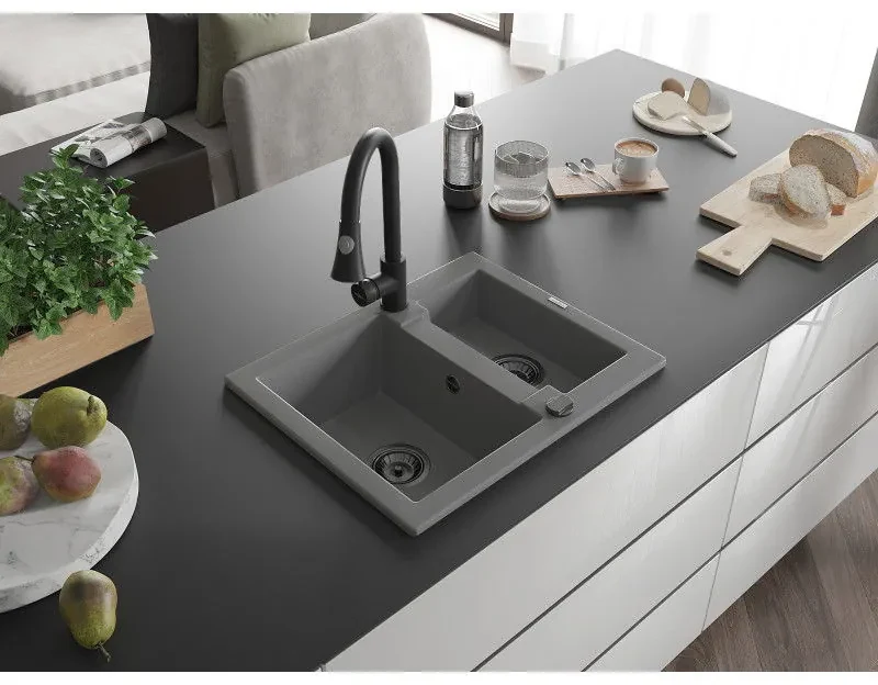 Mexen Carlos, 1,5-komorový granitový drez 582x475x177 mm a drezová batéria Elia, šedá, 6518-71-670101-70-B