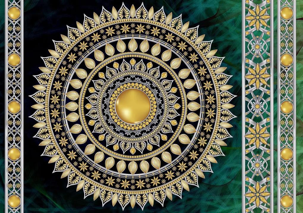 Fototapeta - Zlatá mandala v zelenej (152,5x104 cm)