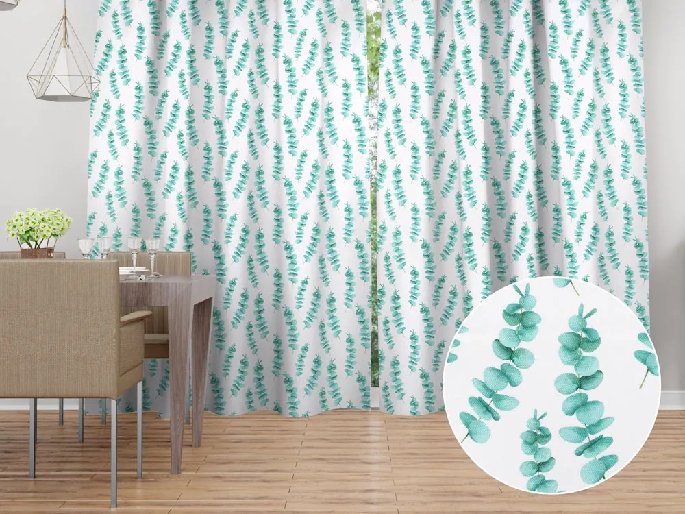 Biante Dekoračný záves TF-089 Tyrkysové listy eukalyptu na bielom 140x240 cm