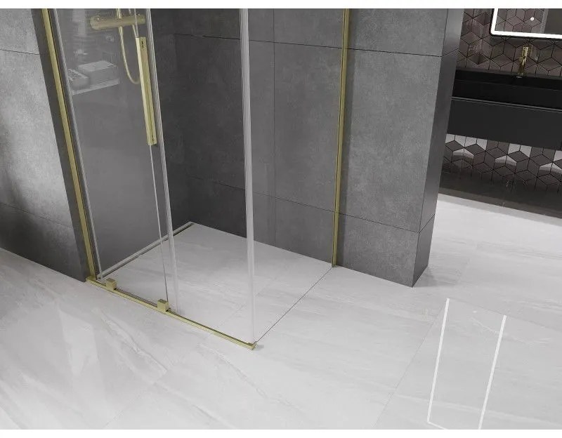 Mexen Velar L, sprchový kút s posuvnými dverami 100 x 110 cm, 8mm číre sklo, zlatá matná, 871-100-110-03-55