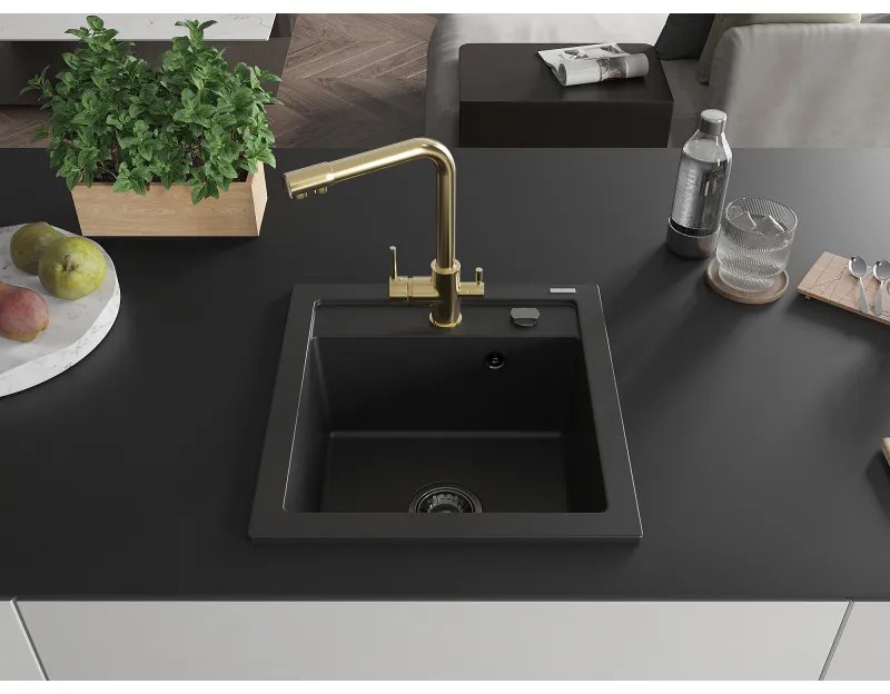 Mexen Vito, 1-komorový granitový drez 520x490x210 mm, zlatá batéria Duero, čierna, 6503-77-671600-50-B