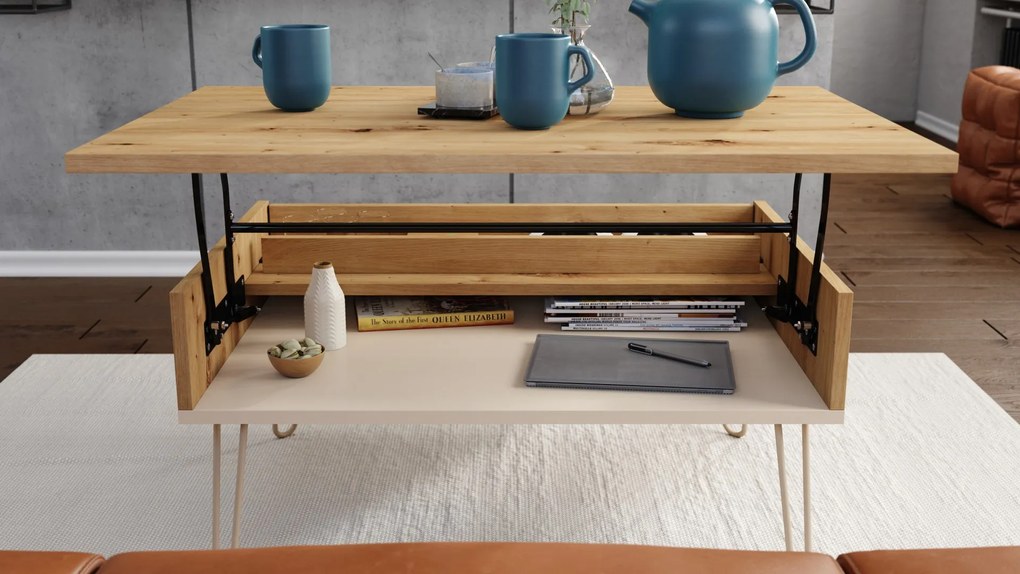 HAIRPIN S-90 Dub Artisan/Béžová (Šampanská) - MODERNÝ KONFERENČNÝ STOLÍK S VÝKLOPNOU DOSKOU + ÚLOŽNÝ PRIESTOR + POLICA