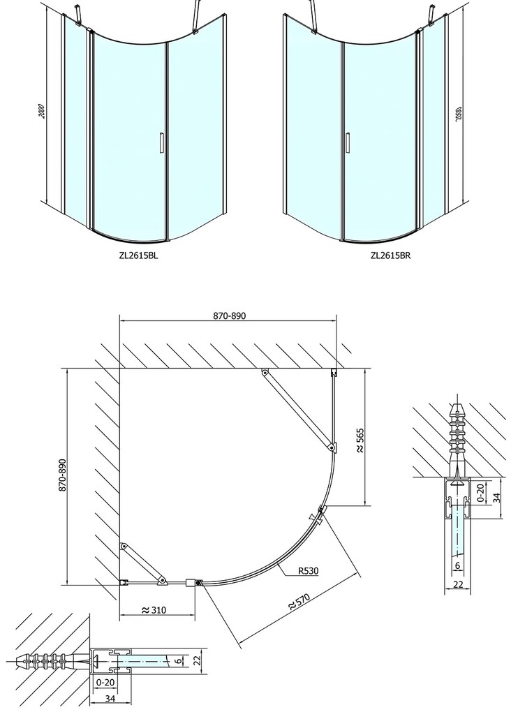 Polysan Polysan, ZOOM LINE BLACK štvrťkruhová sprchová zástena 900x900mm, číre sklo, ľavá, ZL2615BL