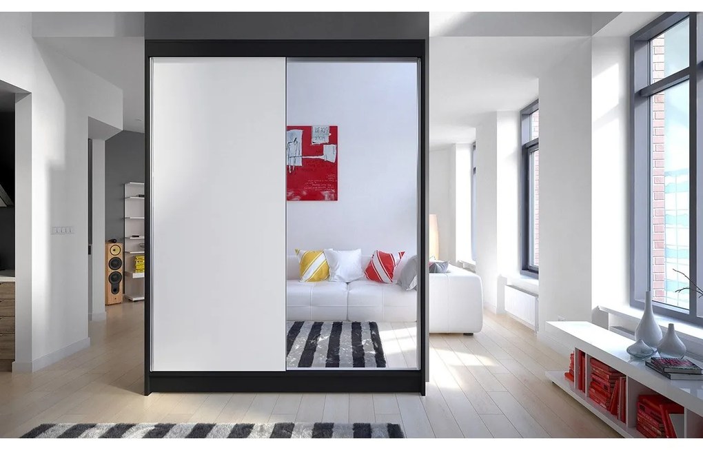 Skriňa s posuvnými dverami Belgia I, Farby: čierna / čierna + zrkadlo, Osvetlenie: osvetlenie LED RGB - farebné