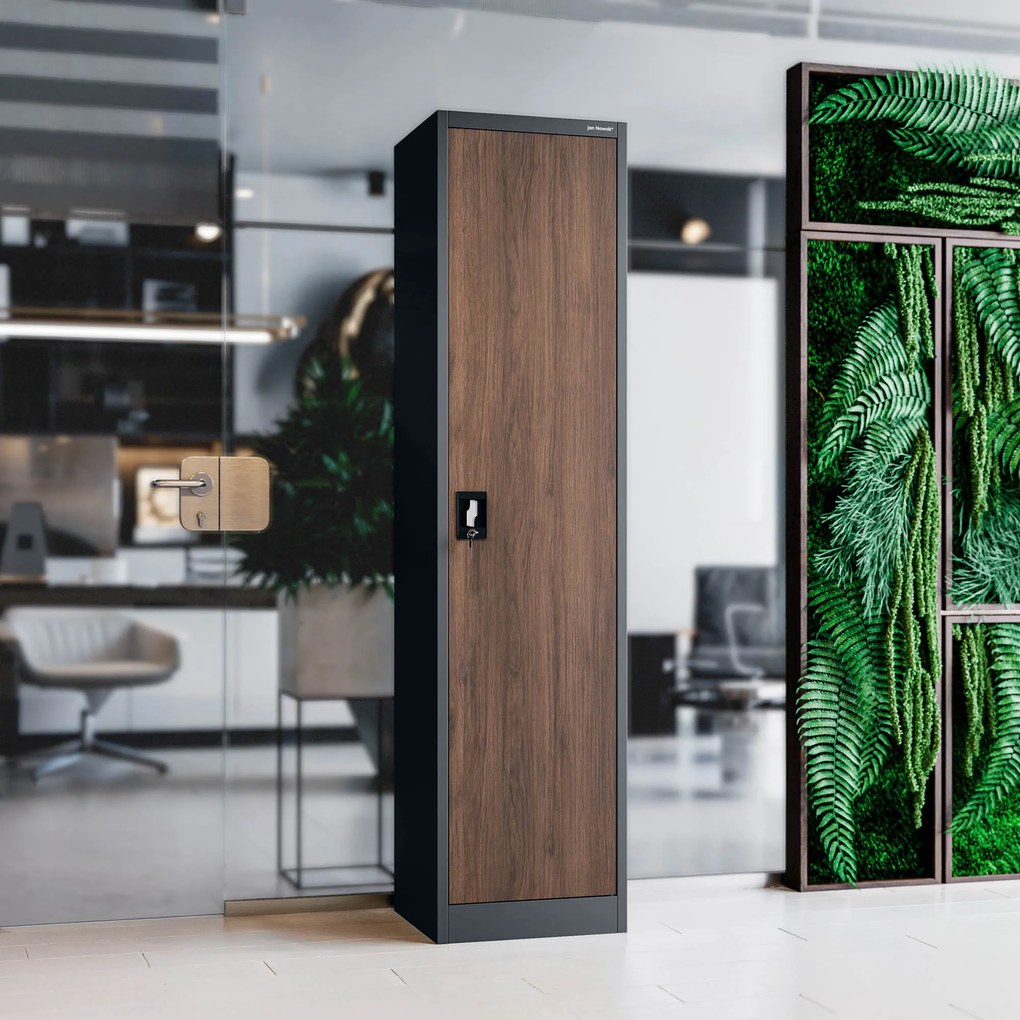 Kovová spisová skriňa ALEX, 450 x 1850 x 400 mm, Eco Design: antracitová/ orech