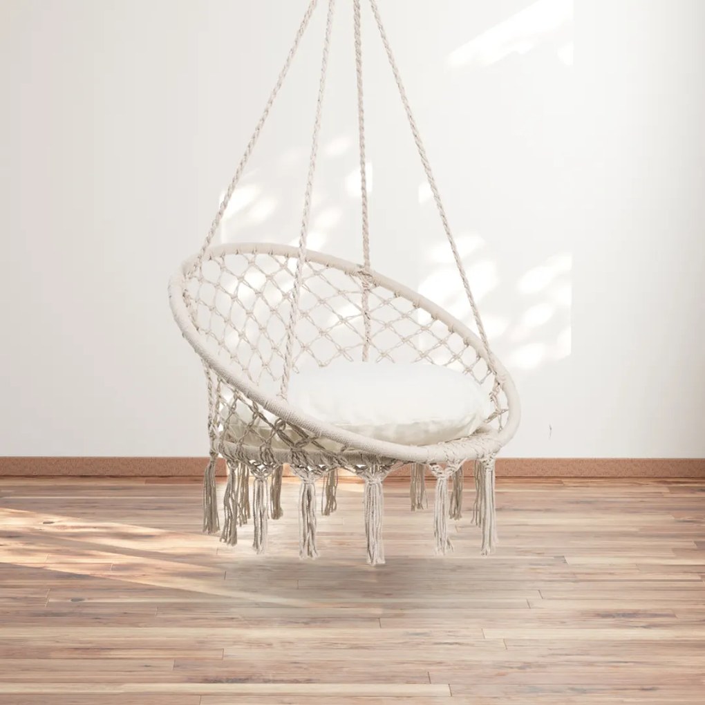 Závesné kreslo BOHO, béžové, Ø61cm, s vankúšmi