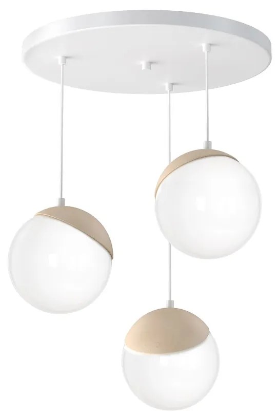 Závesné svietidlo Sfera, 3x biele sklenené tienidlo, w/drevo, o
