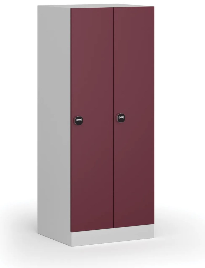Šatníková skrinka znížená, 2 oddiely, 1500 x 600 x 500 mm, demont, zámok s čítačkou RFID kariet, červené dvere