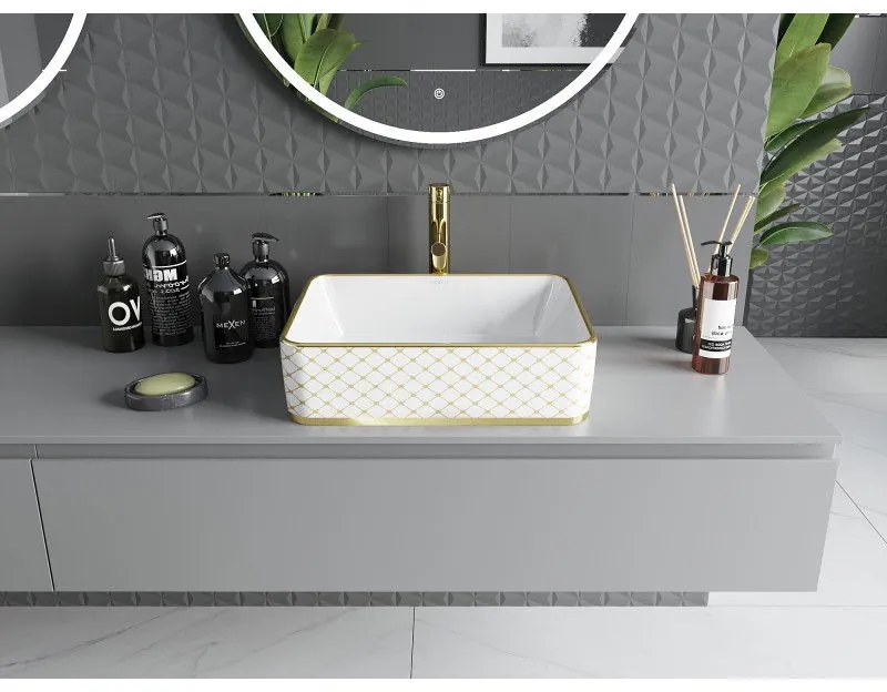 Mexen Catia, umývadlo na dosku 48x37x14 cm, biela lesklá-zlatý vzor, 21314809