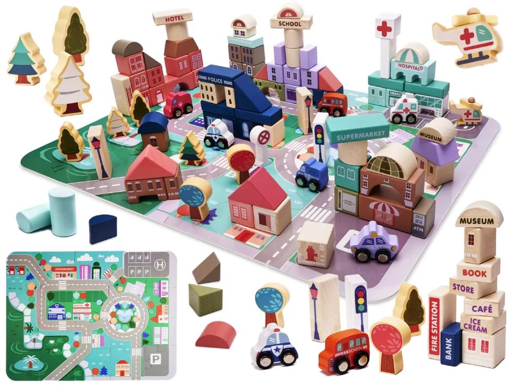Drevené vzdelávacie kocky s puzzle podložkou – mesto | 135ks
