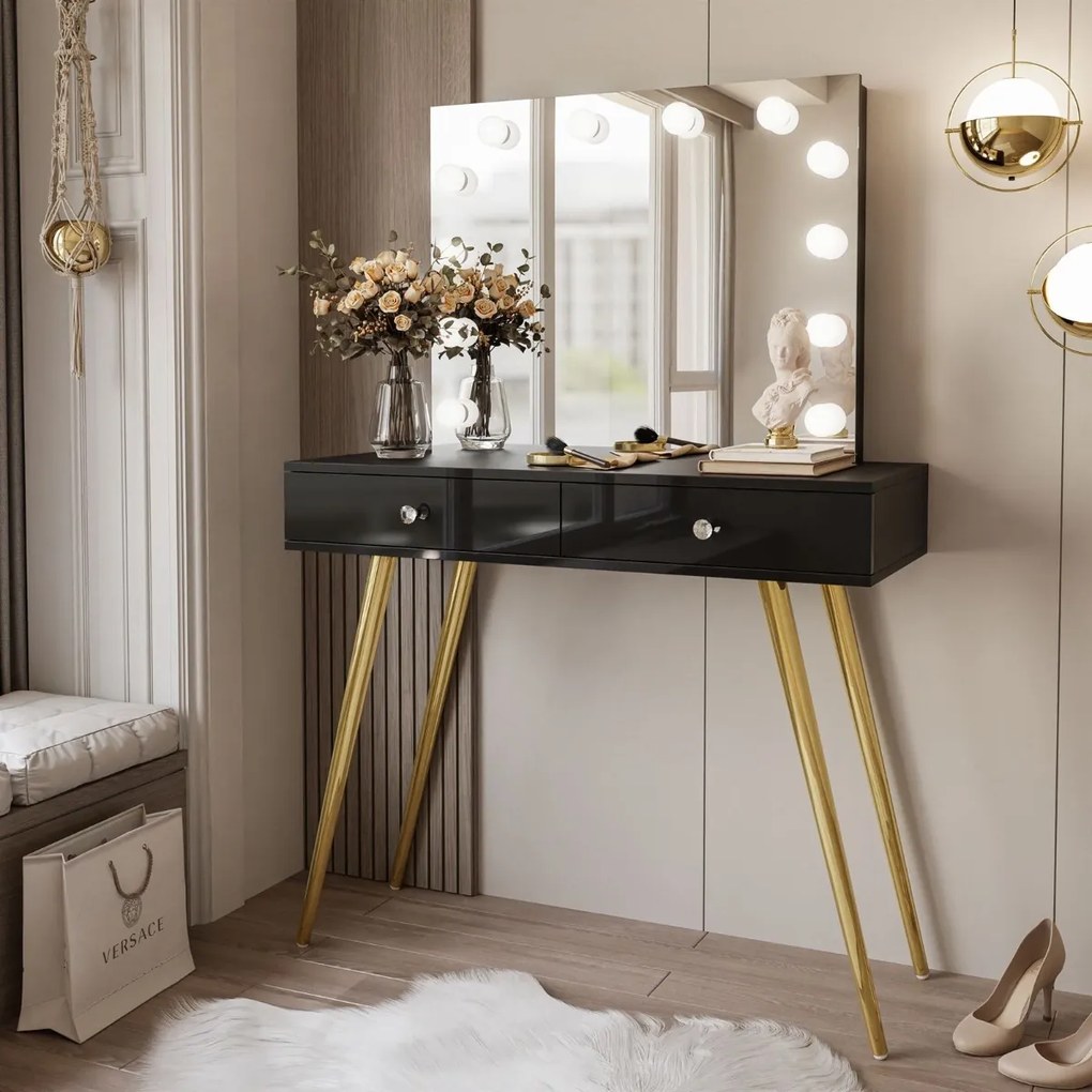 TOALETNÝ STOLÍK KATHLEEN SHINE ČIERNY LESK + ZLATÉ NOHY + ZRKADLO